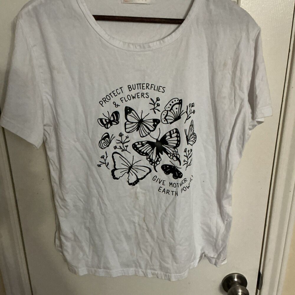 ROMWE Butterfly Graphic White Jersey T-Shirt Round Neck Short Sleeve XL